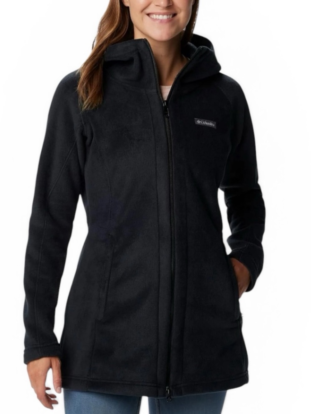 Columbia Black Benton Springs Long Fleece Hooded Coat